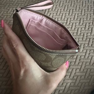 Coach Signature Leather Corner Zip Wristlet - Beige With Pink Trim - NEVER USED